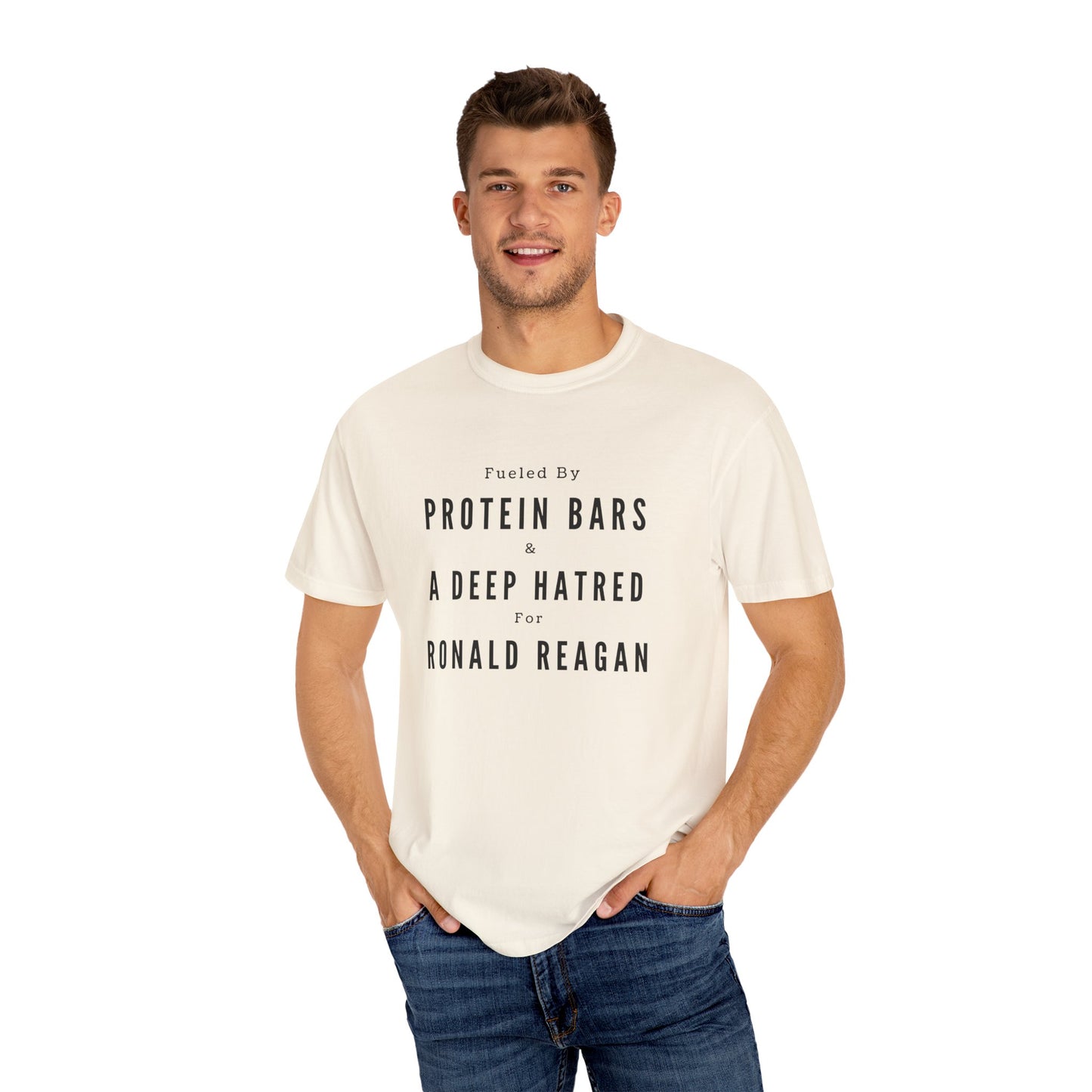 Humorous Unisex T-Shirt: Protein Bars & Ronald Reagan